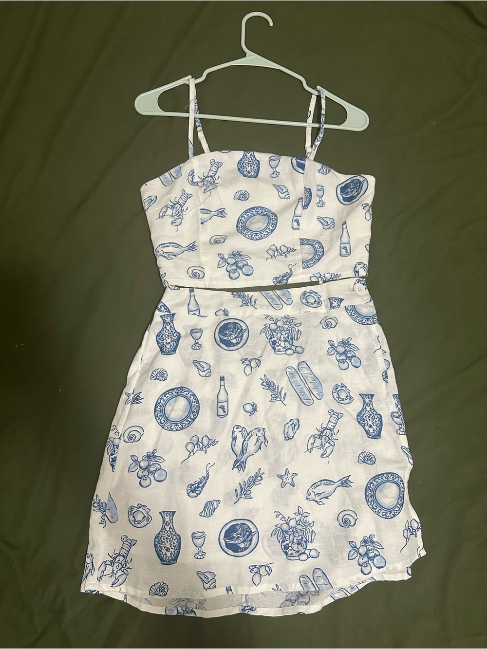 White top skirt set with Blue Coastal Print